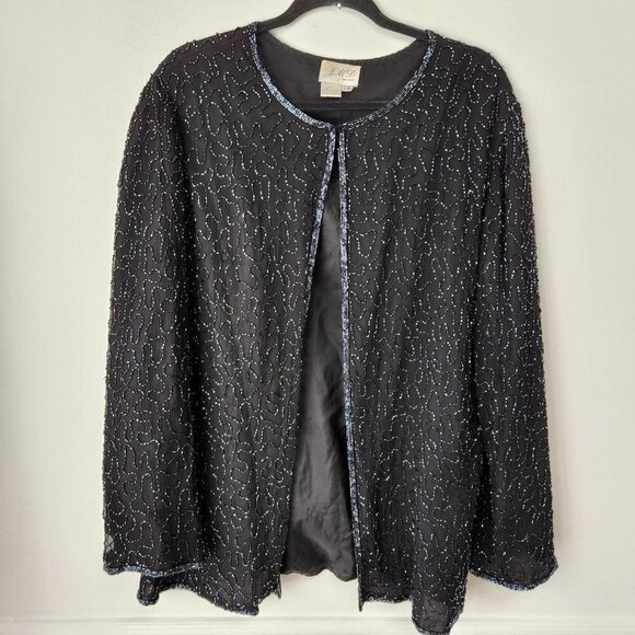 JMD Vintage 100% Silk Beaded Open Front Cardigan Black Jacket Women's XL - Picture 1 of 8